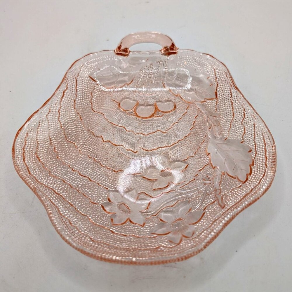 Vintage Pink Indiana Glass Candy Trinket BonBon Dish "Charlie" Pattern Cherries